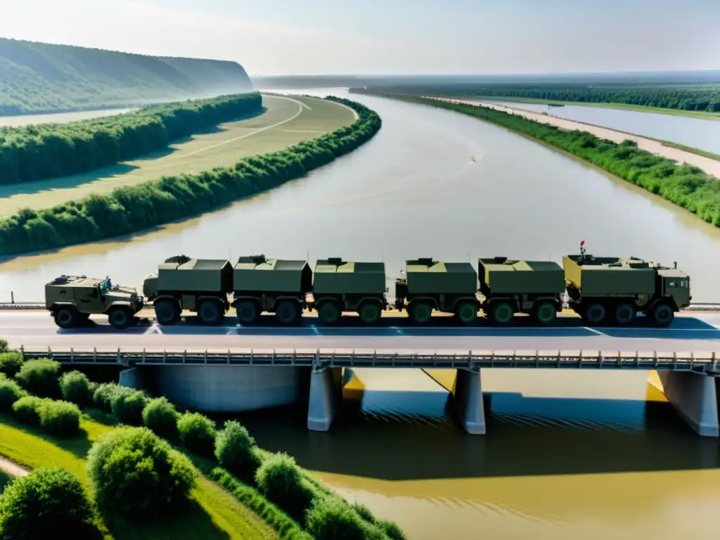 Un convoy militar cruza un puente temporal sobre un río, rodeado de ingenieros y paisajes verdes