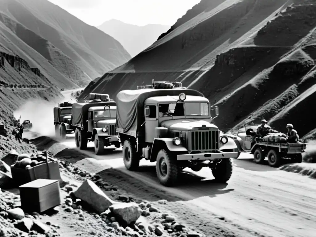 Convoy militar transportando suministros en terreno montañoso durante la guerra, destacando la innovación en el transporte durante guerra