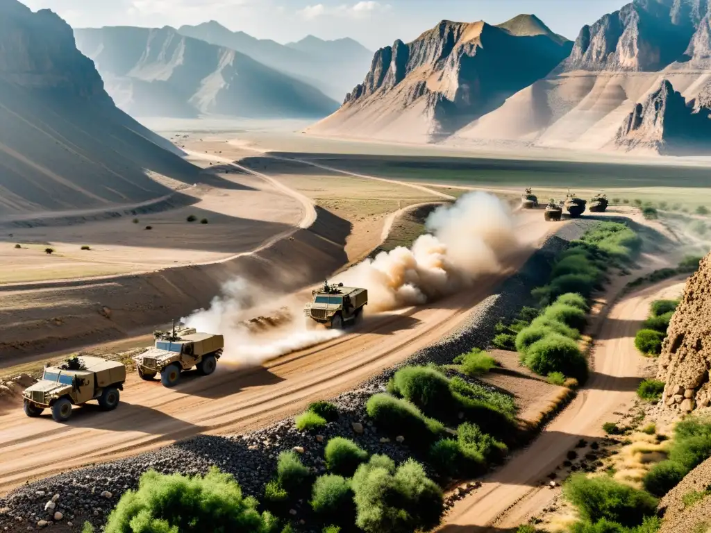 Un convoy militar avanza por terreno montañoso, mostrando la innovación en el transporte durante guerra