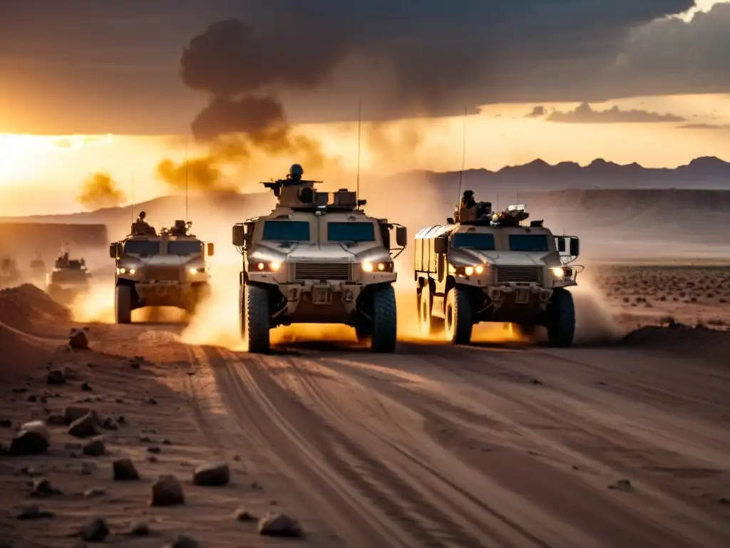 Convoy de vehículos blindados atravesando un paisaje polvoriento y desgarrado por la guerra al atardecer, mostrando determinación y resistencia