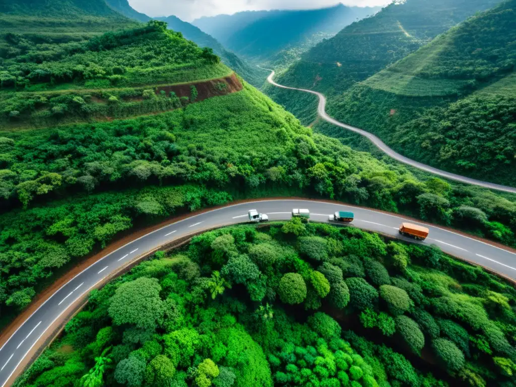 Convoy de vehículos serpenteando por una peligrosa ruta en la selva, transportando drogas ilícitas