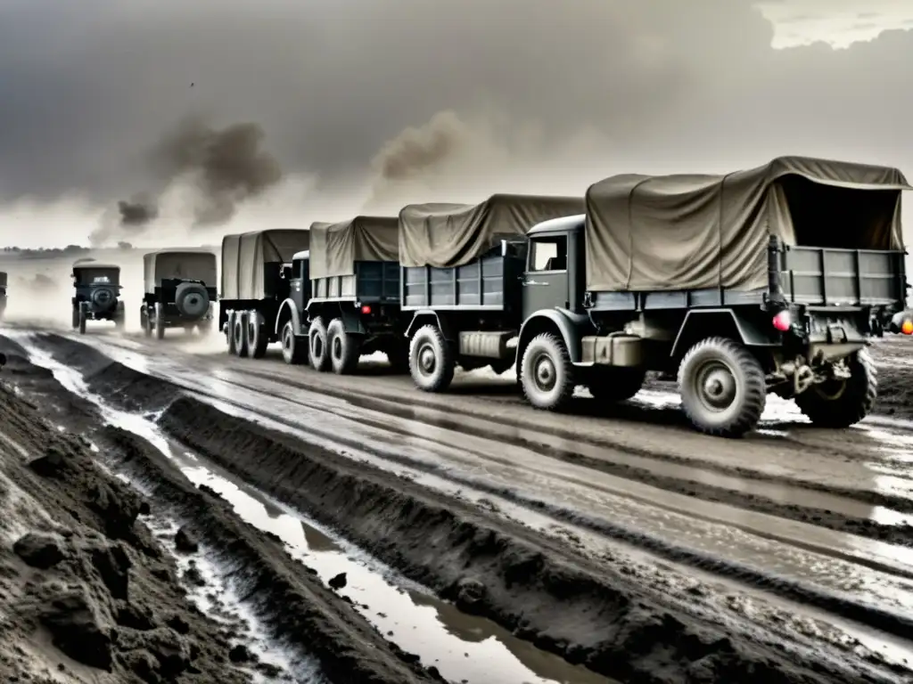 Convoys de camiones de suministro de la Primera Guerra Mundial avanzan por un campo de batalla sombrío y desolado