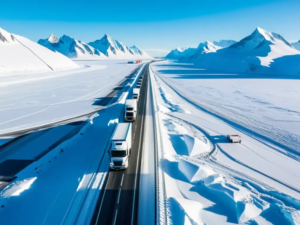 Corredores logísticos fríos del mundo: red de carreteras heladas y vehículos pesados en paisaje polar