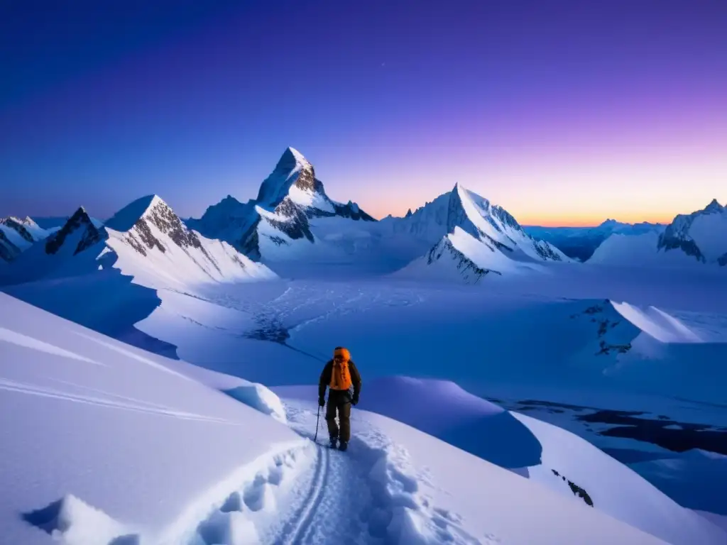 Corredores logísticos fríos del mundo: paisaje polar con montañas nevadas, figura solitaria y cielo violeta al atardecer