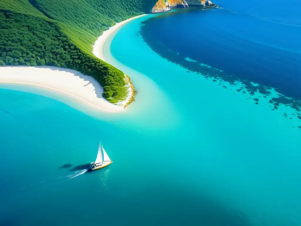 Costa serena con aguas azules, velero navegando, playas doradas y vegetación exuberante