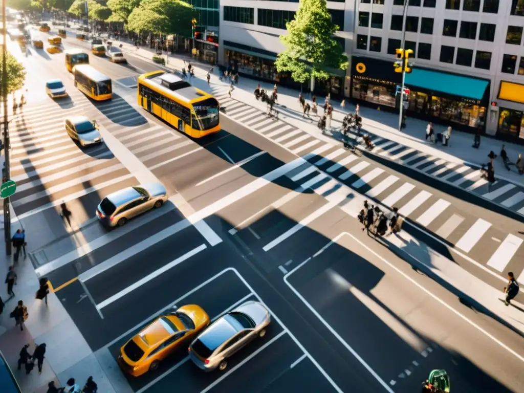 Un cruce bullicioso de calles urbanas desde arriba, con tráfico y peatones en movimiento