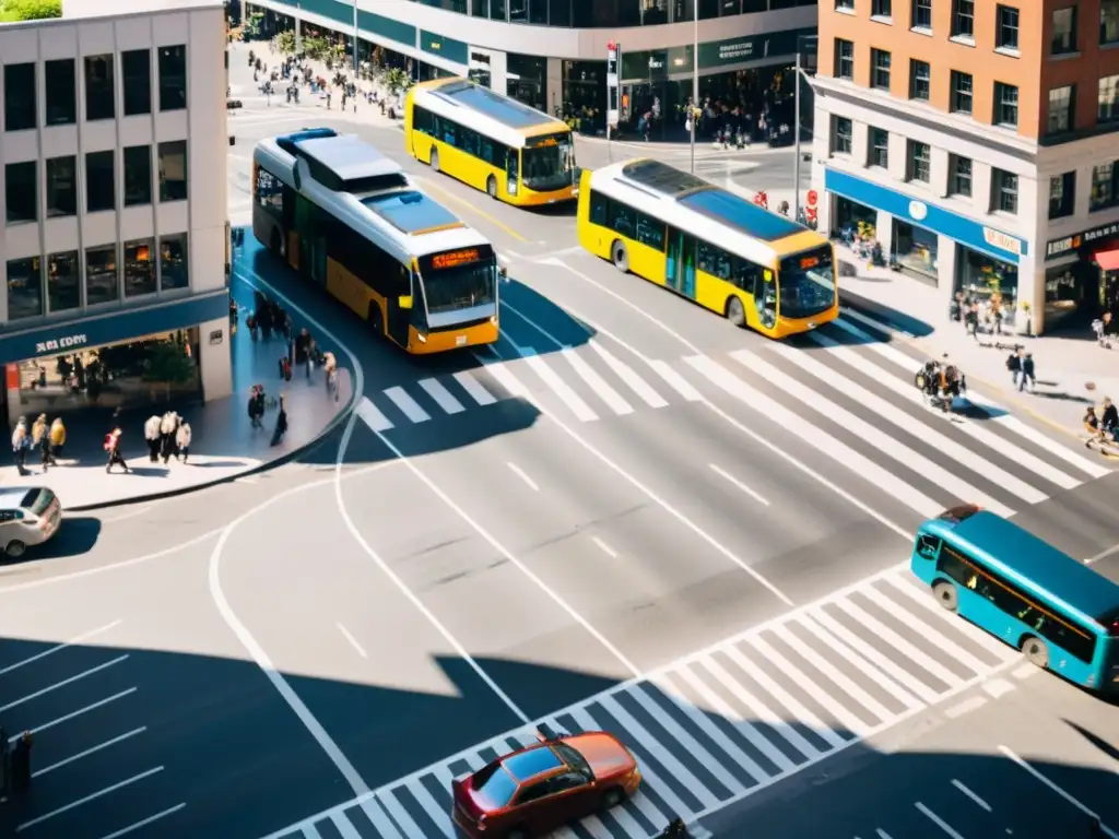 Un cruce de ciudad bullicioso desde arriba, con un complejo entramado de carreteras y vehículos en movimiento