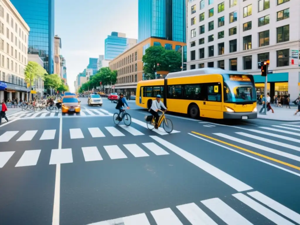 Un cruce de ciudad bullicioso con peatones, ciclistas, autobuses y coches