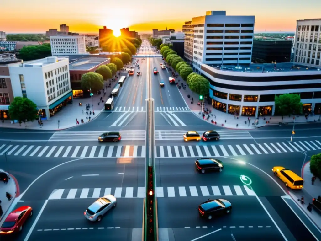 Tráfico ágil y seguro: semáforos optimizados en la ciudad Un cruce de ciudad ocupado desde arriba, con semáforos sincronizados permitiendo un flujo suave de vehículos y peatones cruzando con seguridad