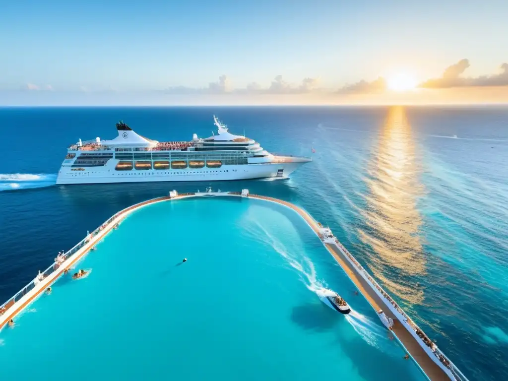 Un crucero de lujo navegando en aguas turquesas, con el sol poniéndose al fondo, bañando de luz dorada la arquitectura blanca del barco