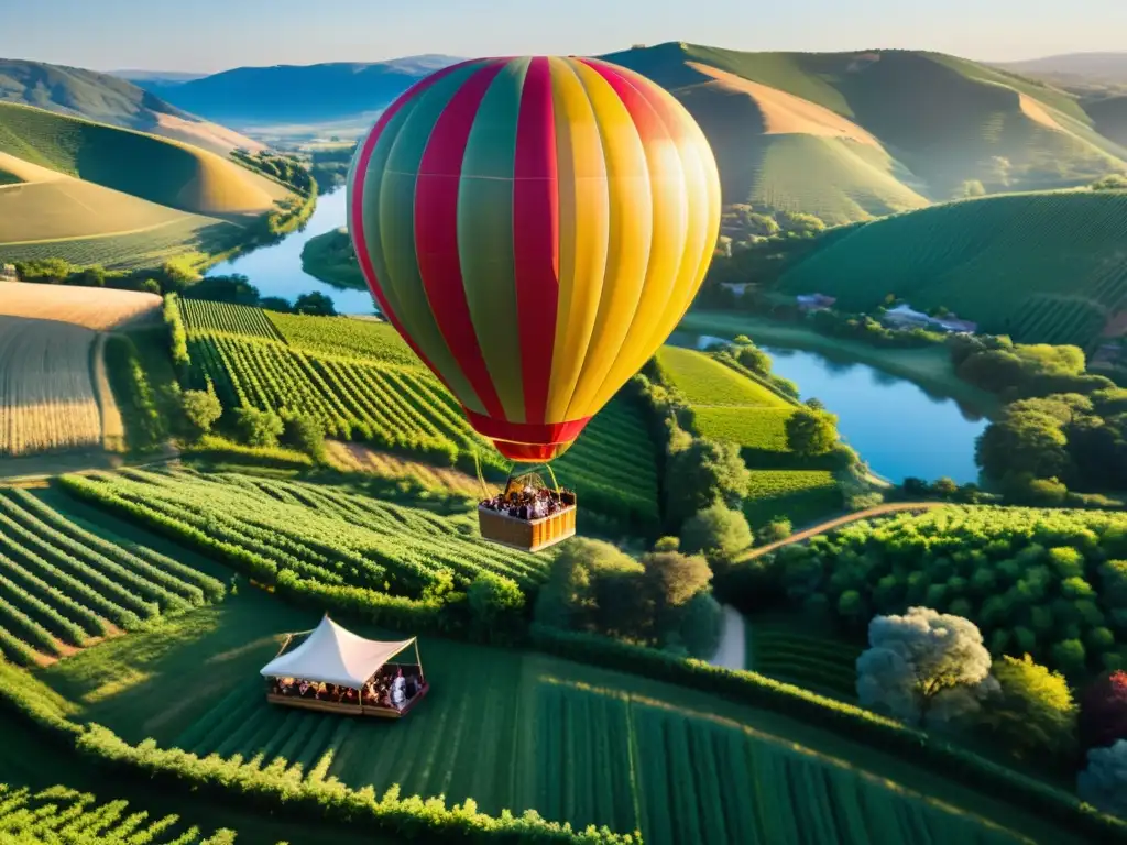 Degustaciones en globo aerostático sobre paisaje de colinas y viñedos al atardecer, con pasajeros disfrutando de lujo y aventura