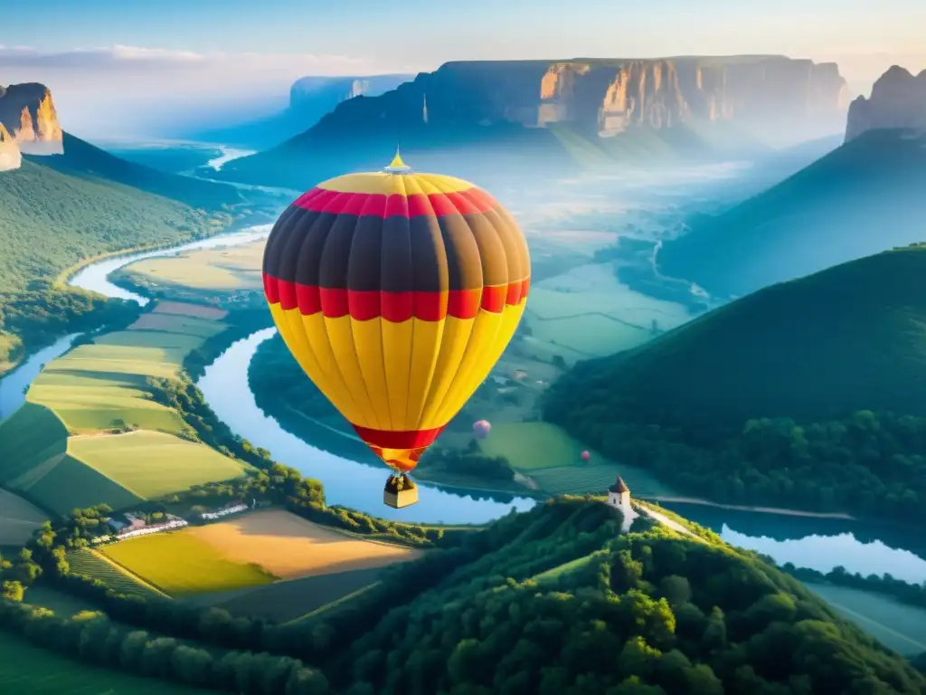 Degustaciones en globos aerostáticos: Un globo aerostático flota sobre un paisaje impresionante, con colores vibrantes que contrastan con la serenidad natural