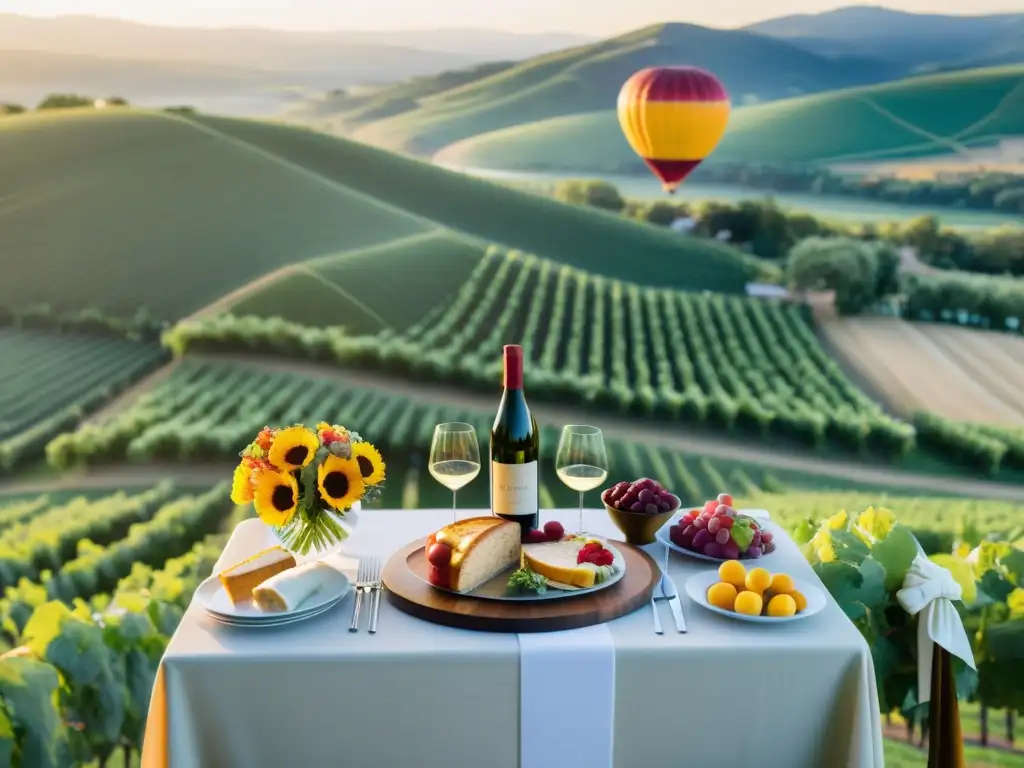 Degustaciones en globos aerostáticos: mesa elegante con comida gourmet y vino, rodeada de colinas y viñedos al atardecer