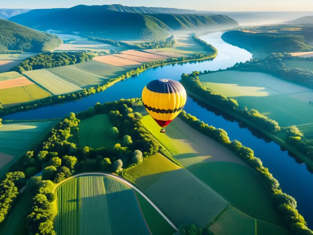 Degustaciones en globos aerostáticos: Un paisaje sublime con colinas, ríos y un cielo azul, envuelto en una atmósfera tranquila y cautivadora