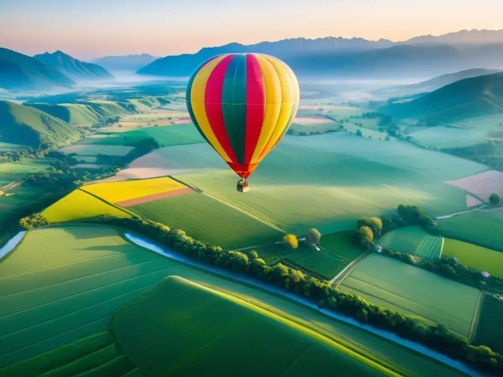 Degustaciones en globos aerostáticos sobre paisaje colorido al amanecer, un viaje encantador