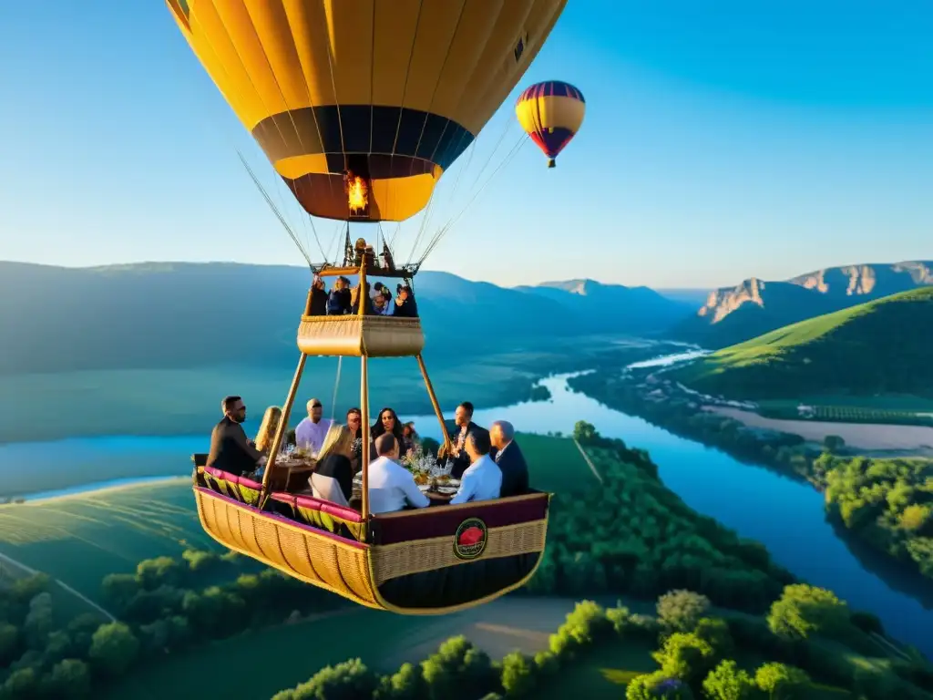 Degustaciones en globos aerostáticos: Personas disfrutan de una comida gourmet y vino en un globo sobre un paisaje pintoresco, en un momento de risas y conversación