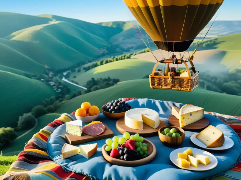 Degustaciones en globos aerostáticos: Personas disfrutando de un picnic gourmet en un globo, con delicias y vistas impresionantes