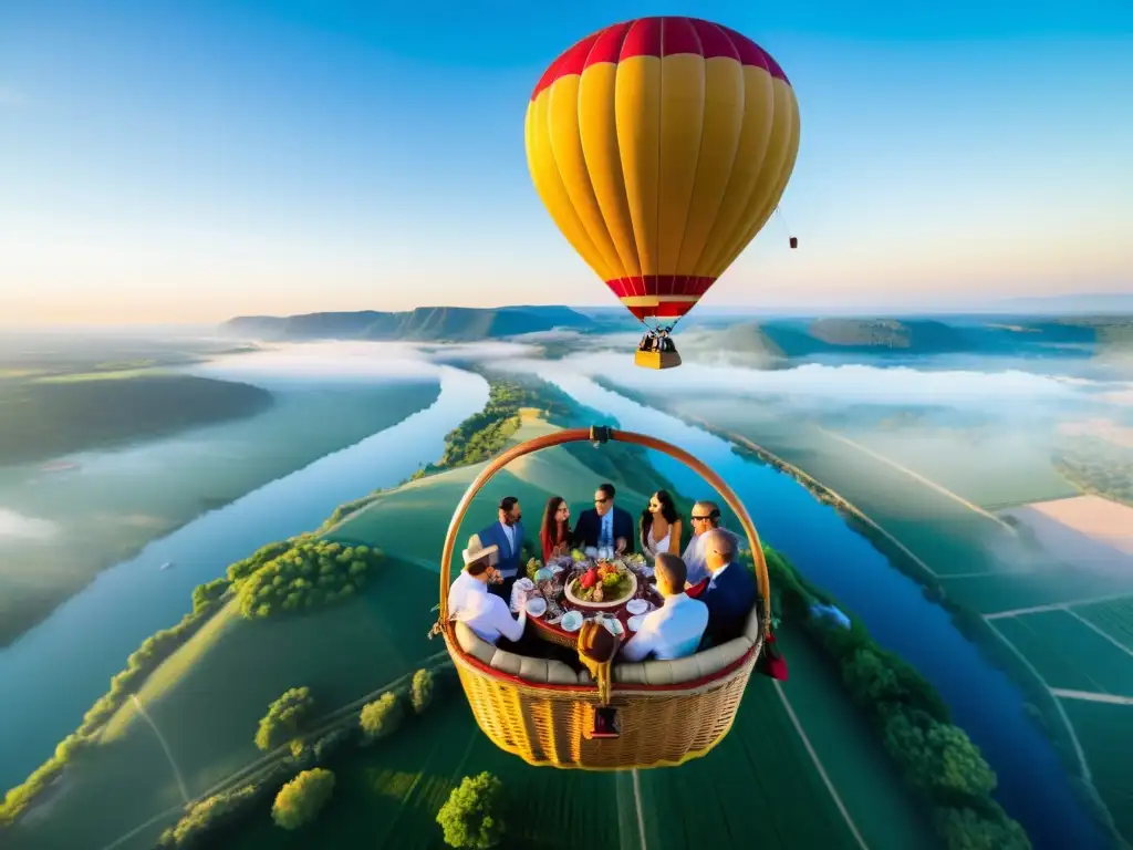 Degustaciones en globos aerostáticos: un viaje gastronómico en las alturas con una vista panorámica y una mesa de comida y vino en el centro del globo