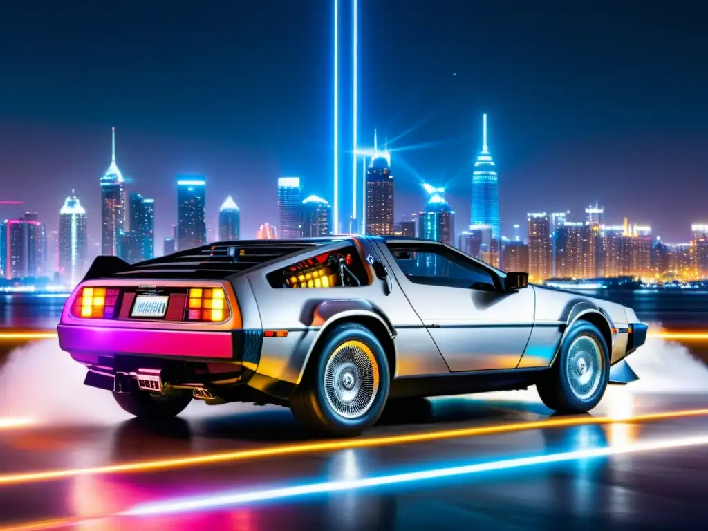 Un DeLorean DMC12 estacionado frente a una ciudad futurista, con luces de neón y autos voladores