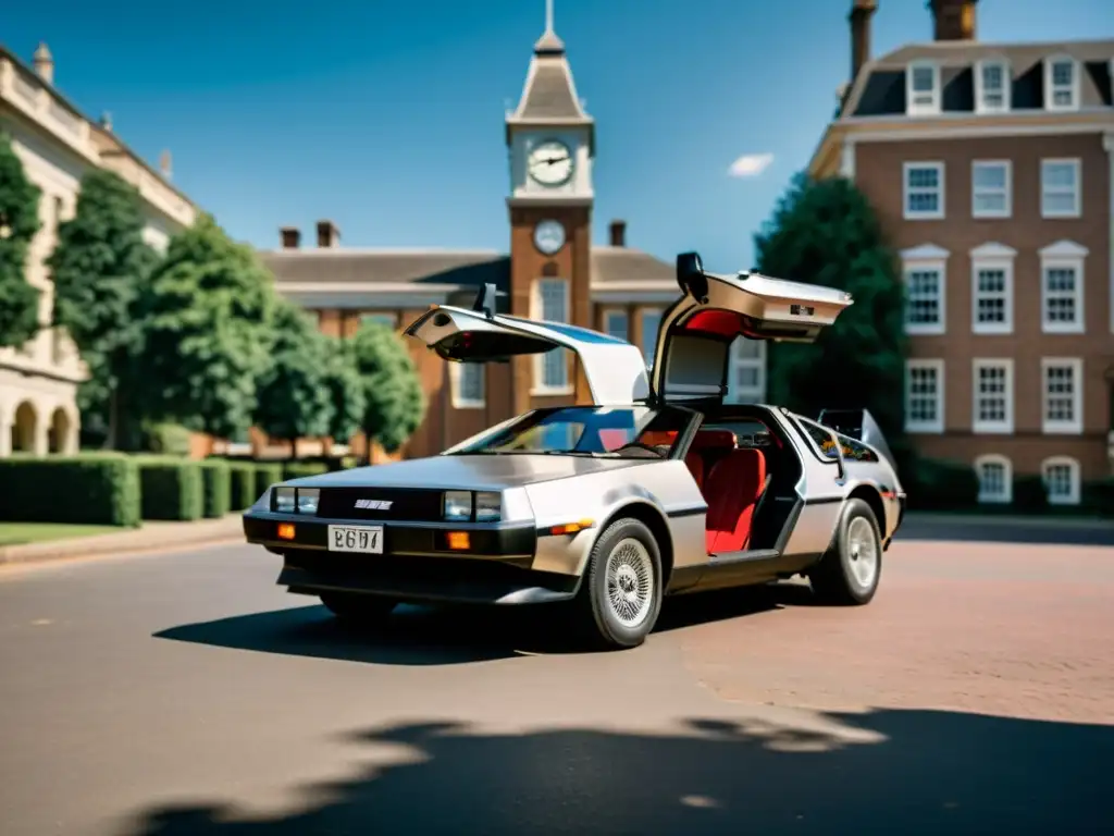 Un DeLorean DMC12 icónico de la película 'Back to the Future' estacionado frente a la famosa torre del reloj