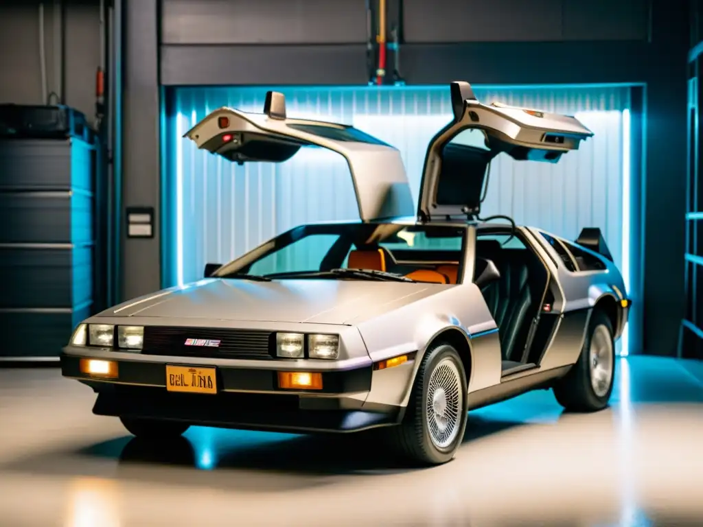 Un DeLorean DMC12 vintage con sus icónicas puertas de ala de gaviota estacionado en un garaje oscuro, rodeado de equipo científico