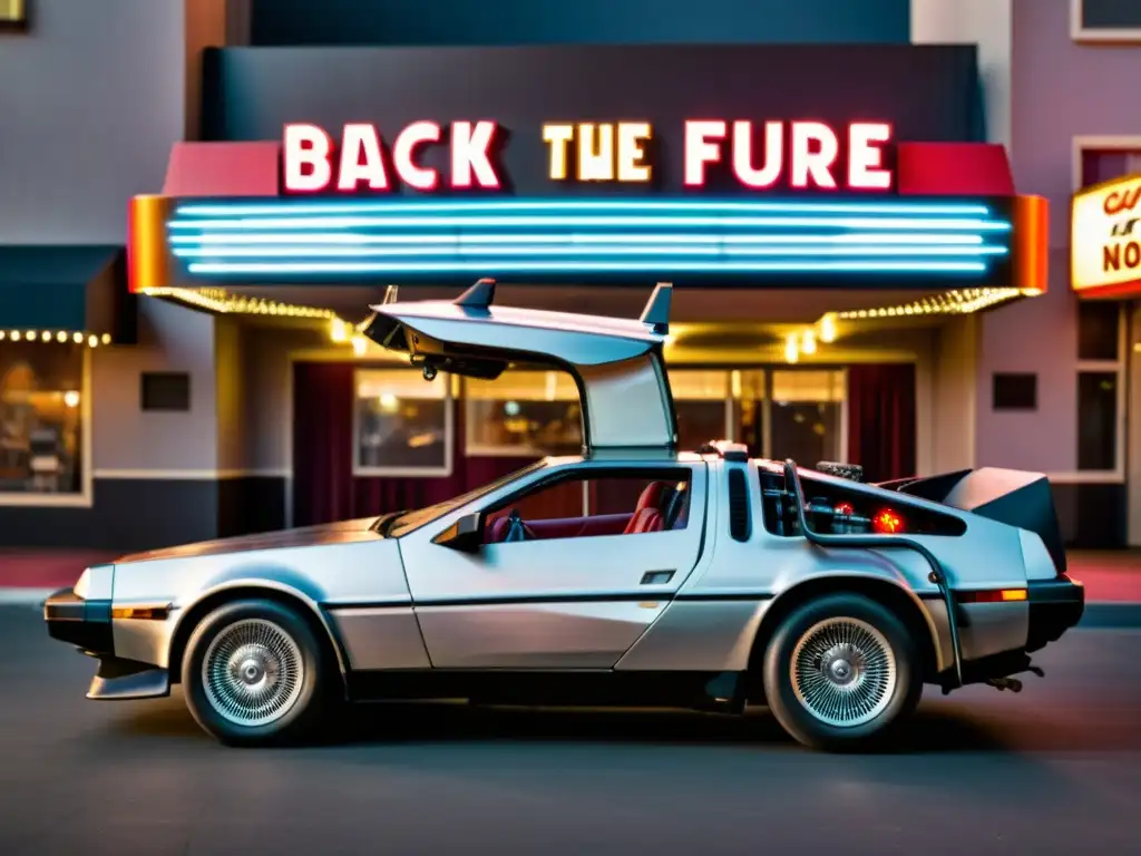 El DeLorean DMC12 de Back to the Future estacionado frente a un cine vintage