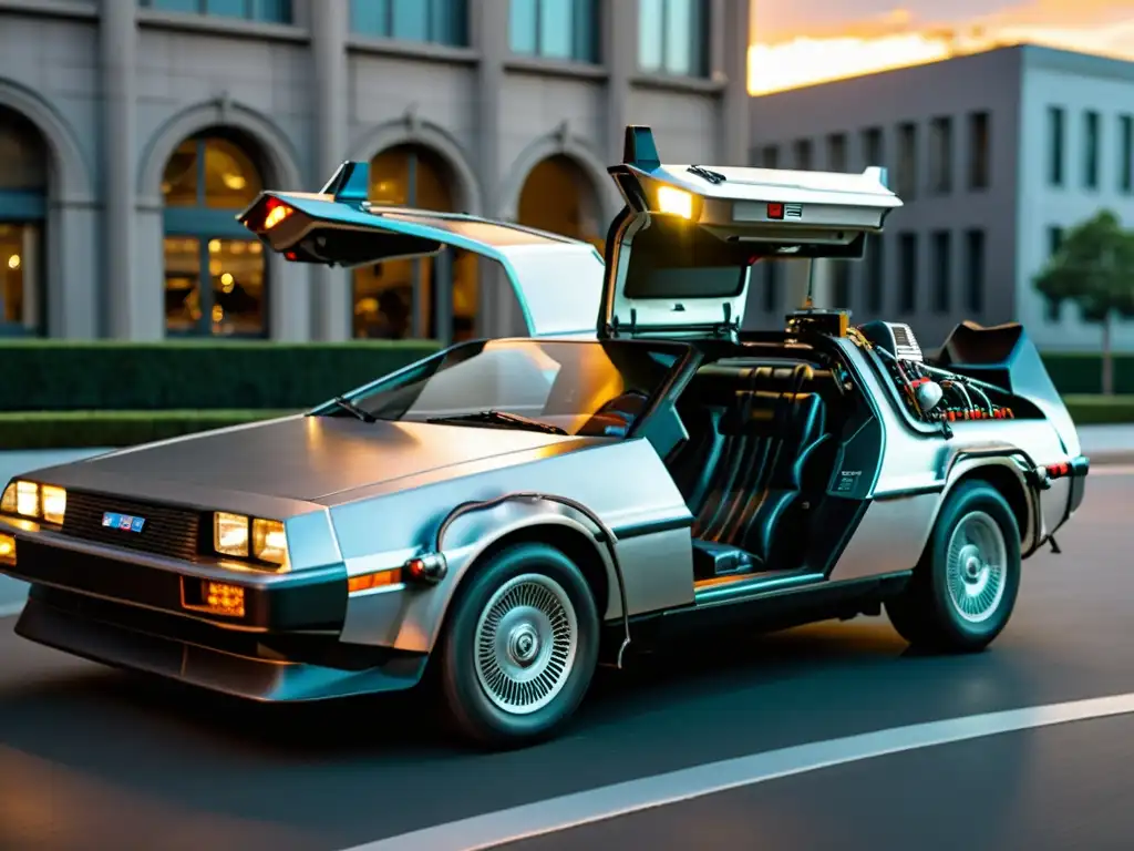 Un DeLorean icónico de la película 'Back to the Future' estacionado en la ciudad, con la evolución del transporte y su impacto en la cultura popular