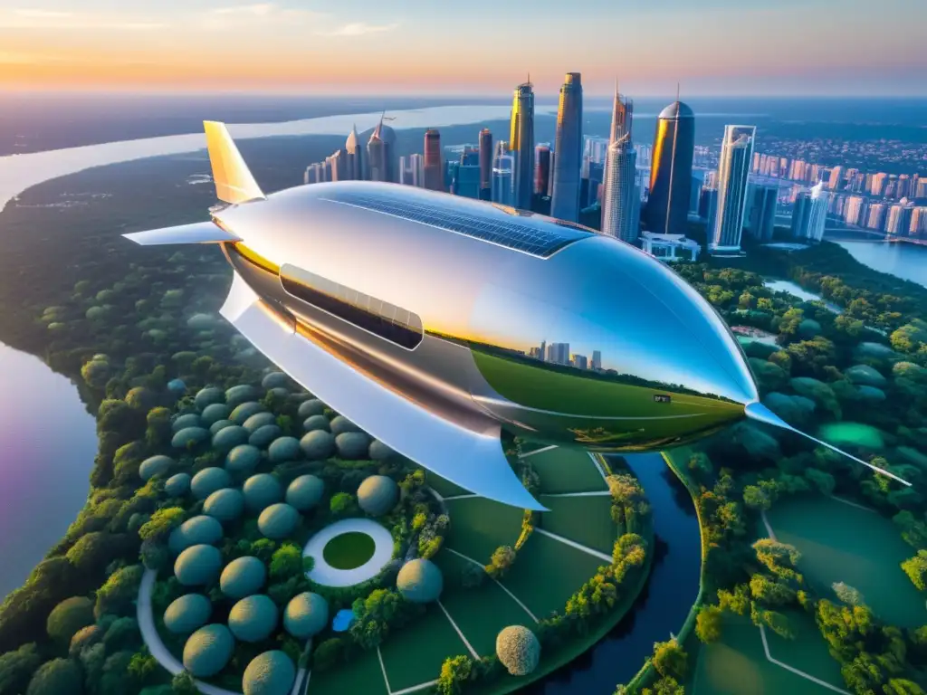 Desafío ecológico era dirigible surcando el atardecer junto a rascacielos y naturaleza, fusionando tecnología y sostenibilidad