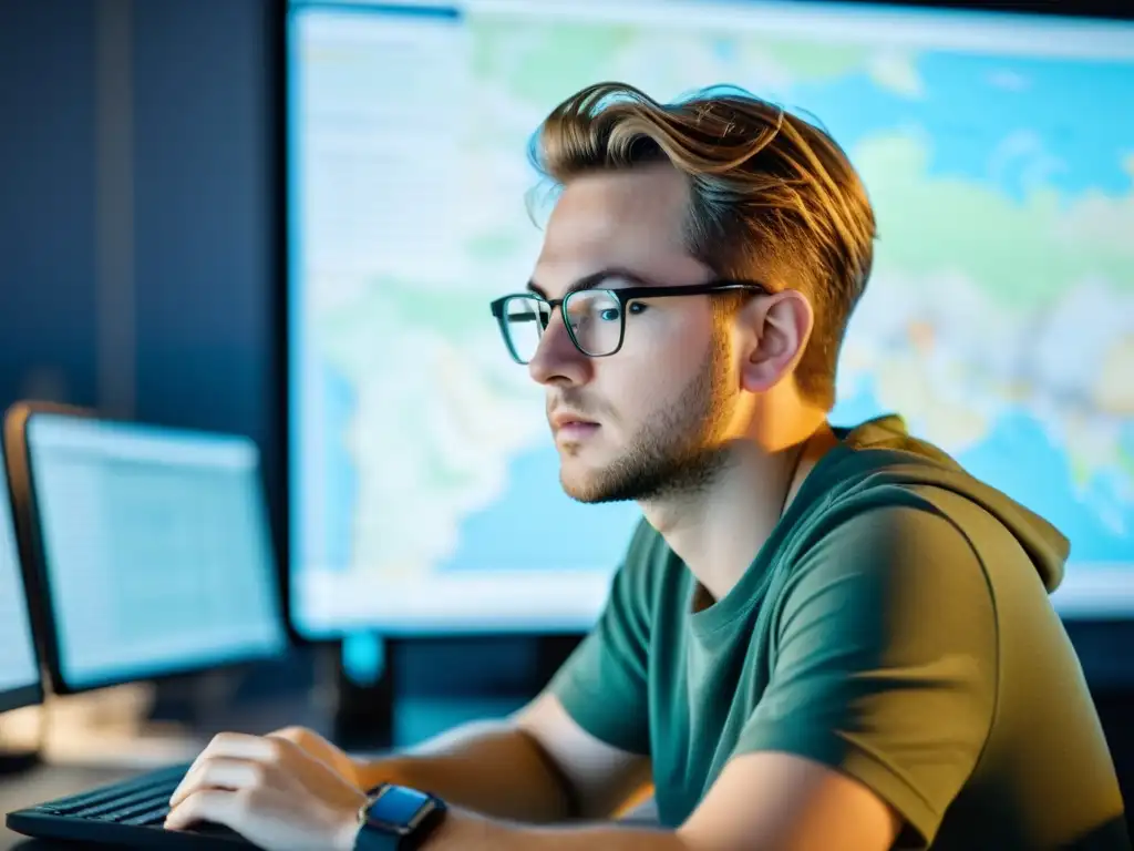 Un desarrollador trabaja con determinación en el código de una app de navegación, rodeado de pantallas con mapas y datos de navegación en tiempo real