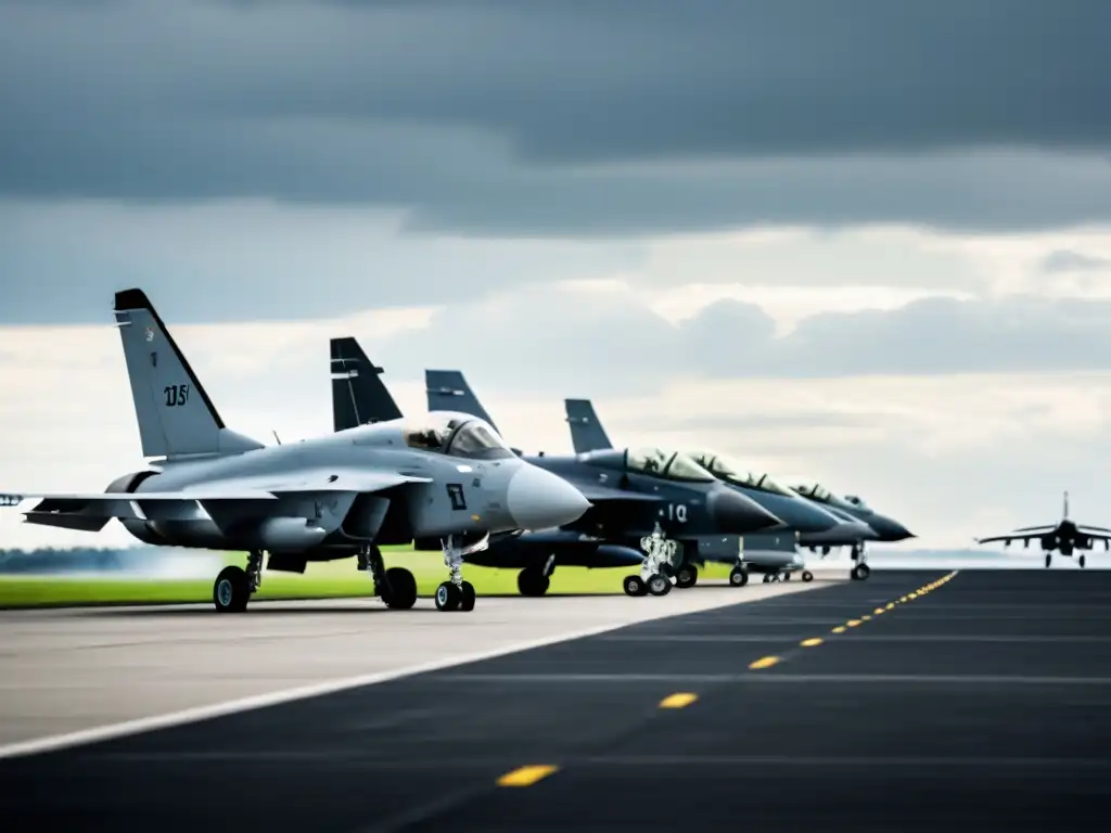 Desarrollo de la aviación durante guerras: Aviones militares en la pista, pilotos y personal en preparativos de despegue, bajo cielos nublados