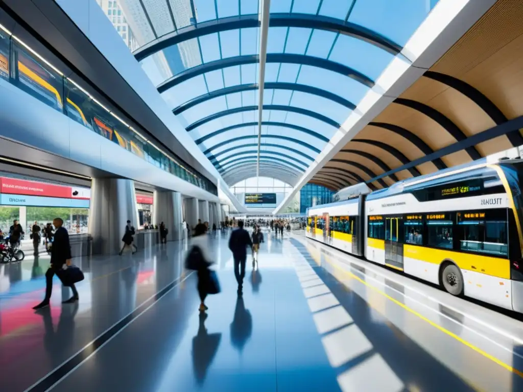 Desarrollo de medios de transporte innovadores en un moderno centro urbano de movilidad, con diseño futurista y eficiencia en movimiento