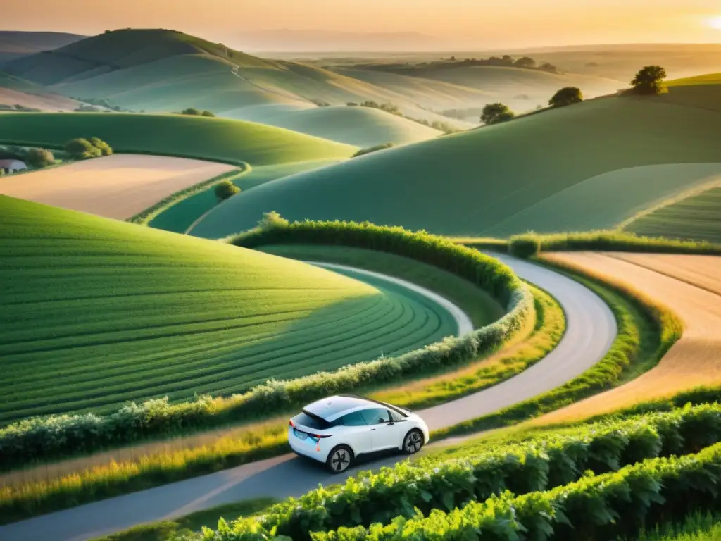 Desarrollo rural vehículos eléctricos: Atardecer dorado, estaciones de carga entre campos, agricultor y camino serpenteante