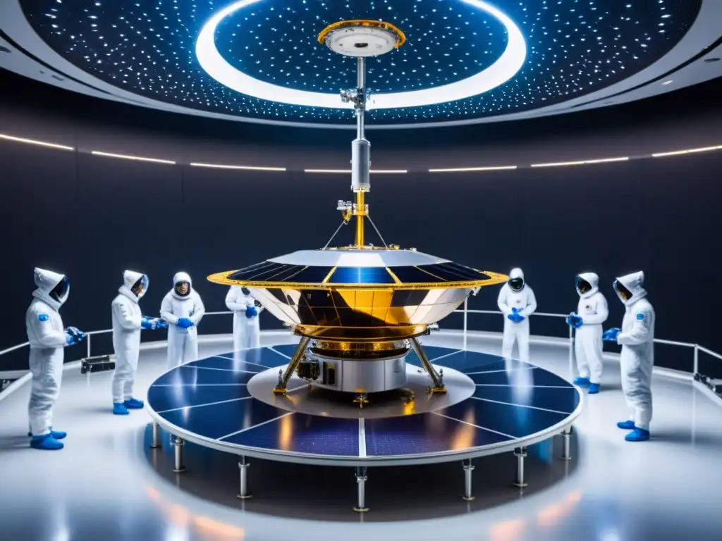 Montaje de sonda espacial futurista en sala limpia Desarrollo de sondas espaciales para explorar el sistema solar en un ambiente de alta tecnología con ingenieros ensamblando una sonda futurista