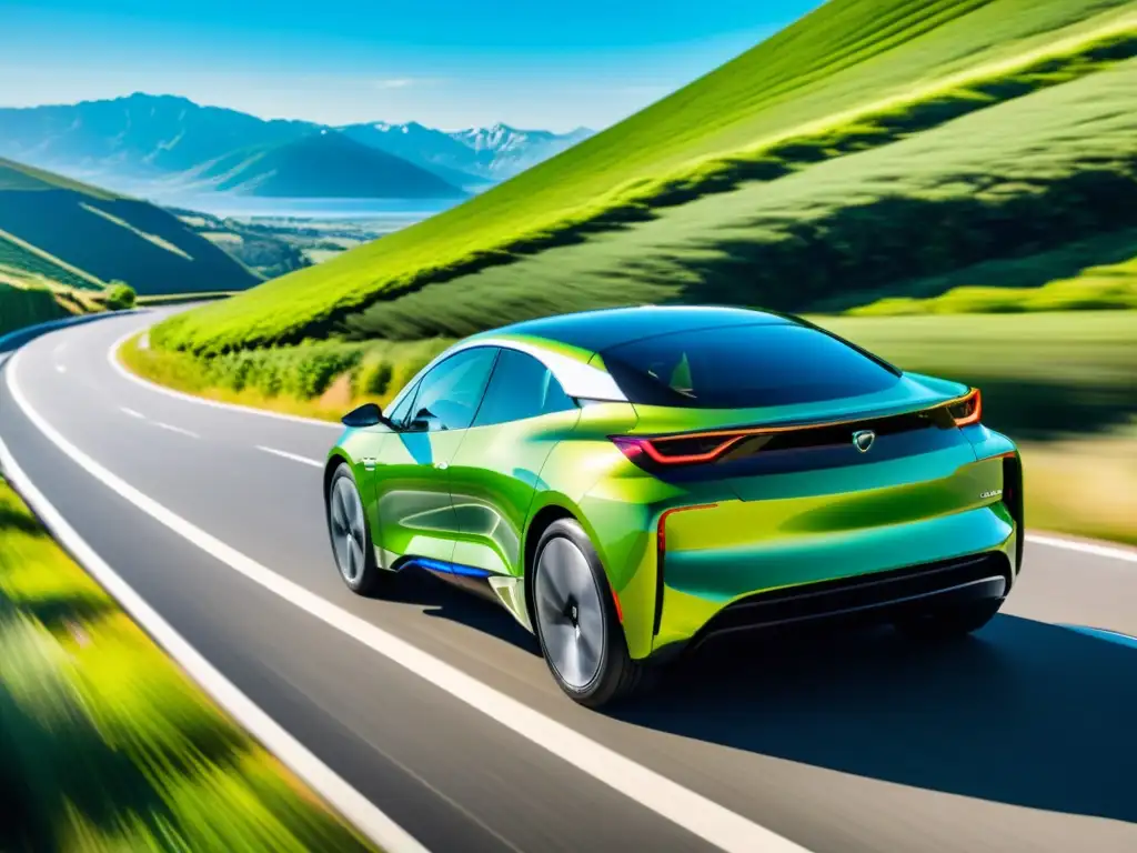 Desarrollo vehículo eléctrico innovador: un auto futurista eléctrico en un paisaje verde y cielo azul