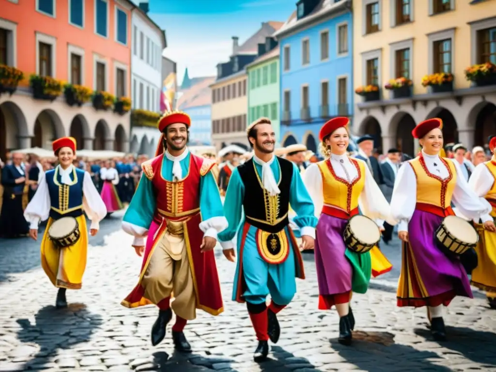 Desfile de artistas en trajes tradicionales durante un festival cultural en una ciudad europea, con edificios ornamentados y calles empedradas