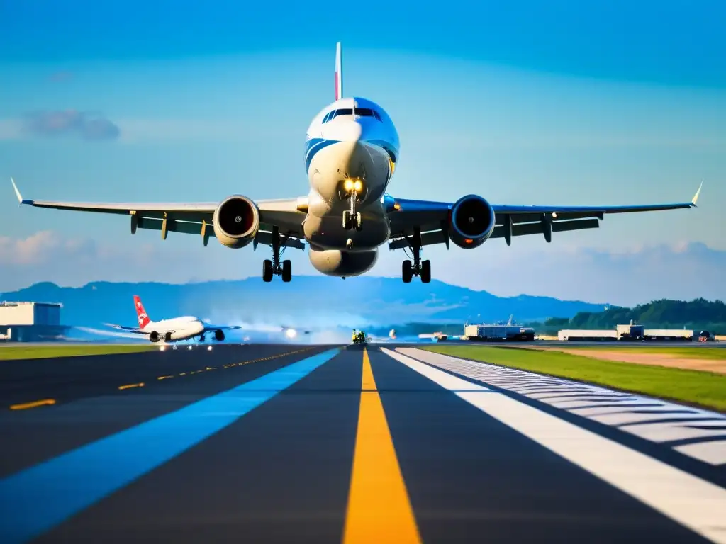 Despegue de avión en pista de aeropuerto, mostrando normativas internacionales seguridad transporte aéreo