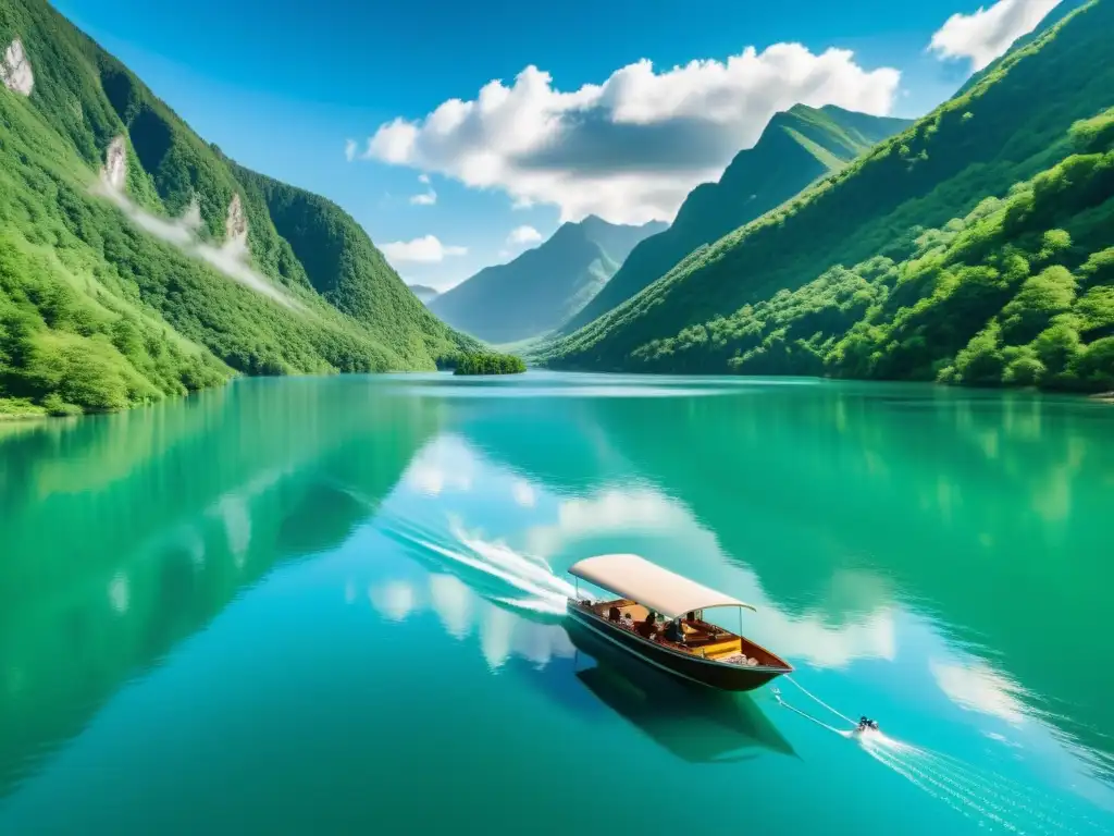 Destinos accesibles en barcos eléctricos: Un lago sereno rodeado de montañas verdes, con un bote eléctrico y turistas felices disfrutando del paisaje