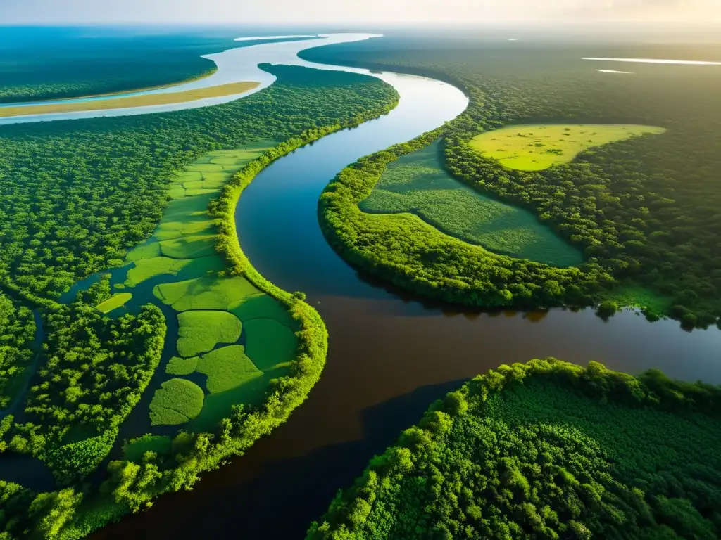 Destinos encantadores navegación fluvial: El majestuoso río Paraguay serpentea por el exuberante Pantanal al atardecer, creando un paisaje sereno y vibrante