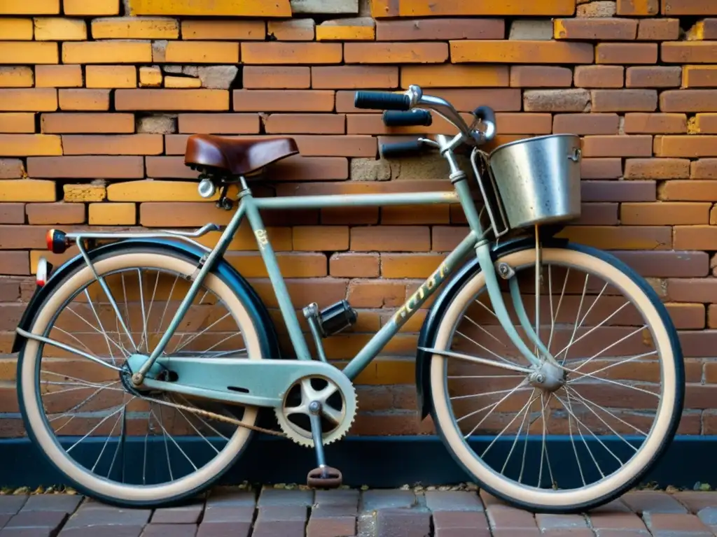 Una fotografía detallada de una bicicleta vintage contra una pared de ladrillo envejecida