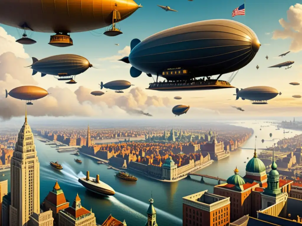 Detallada ilustración de la bulliciosa ciudad del siglo XX con zeppelines y dirigibles entre rascacielos, capturando la fascinación de la era por la innovación en el transporte aéreo