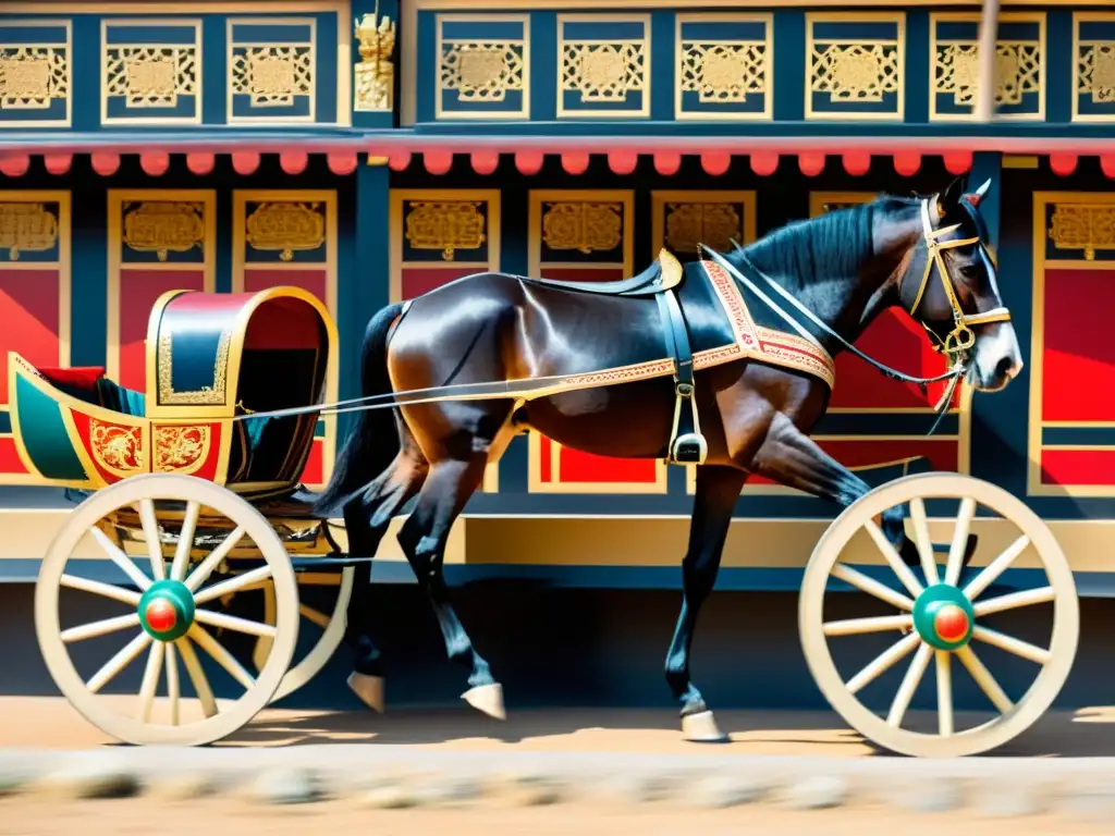 Detallada imagen de antiguos carros de caballos, mostrando el impacto de los arneses en el transporte animal