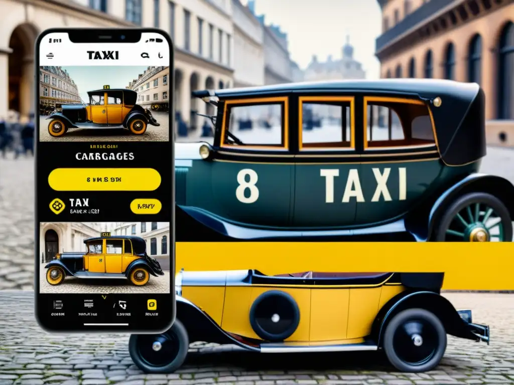 Detallada imagen 8k: coche de caballos vintage junto a app de taxi moderno