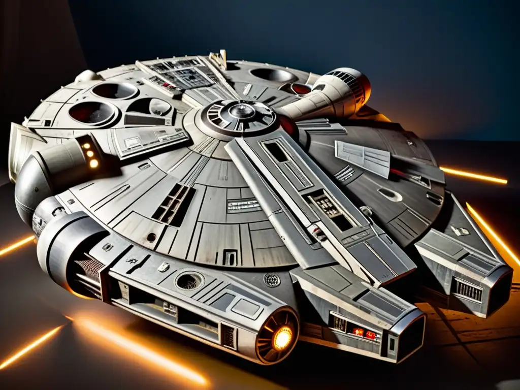 Detallada imagen de la icónica nave espacial Millennium Falcon de Star Wars, mostrando su exterior envejecido y lleno de batallas