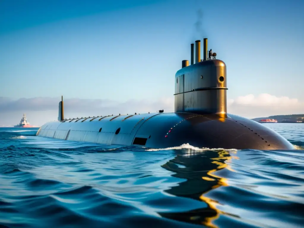 Detallada imagen de un submarino nuclear moderno, resaltando su avanzada tecnología y desarrollo tecnológico de submarinos