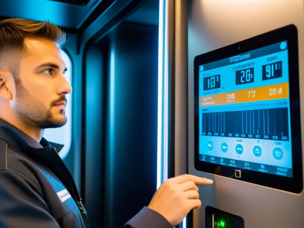 Monitoreo preciso: Tecnología de temperatura en camión refrigerado Detallada imagen de tecnologías de monitoreo en tiempo real para cargas refrigeradas, con técnico analizando datos en tablet