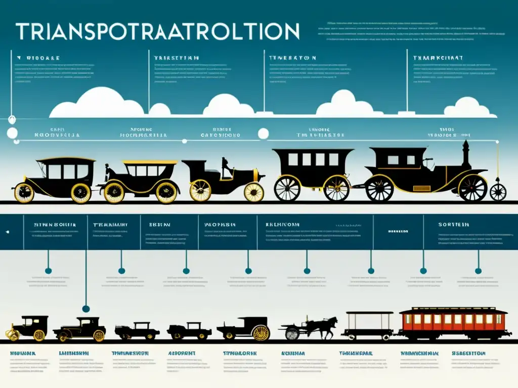 Una detallada imagen de la evolución del transporte, desde carruajes hasta vehículos eléctricos modernos y conceptos futuristas