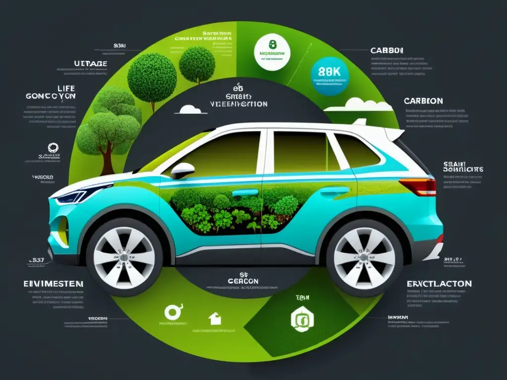 Ilustración detallada 8k del impacto ambiental en el ciclo de vida de un vehículo: extracción, fabricación, uso y disposición