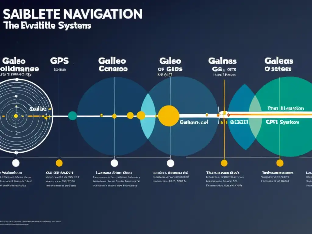 Una detallada línea de tiempo muestra la evolución de los sistemas de navegación por satélite, destacando Galileo, GPS y GLONASS