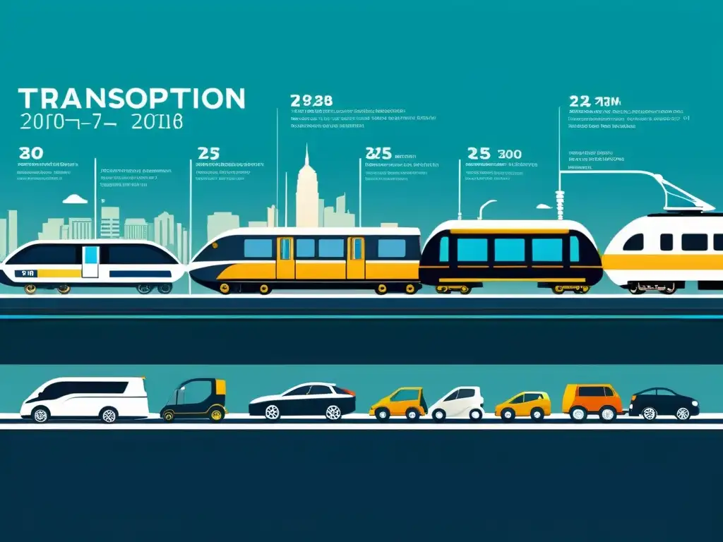 Una detallada línea de tiempo ilustra la evolución del transporte, desde antiguos medios como carros de caballos y barcos hasta modernos trenes de alta velocidad y prototipos futuristas