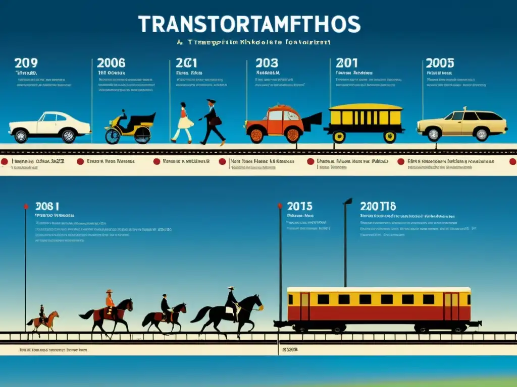 Una detallada línea de tiempo muestra la evolución del transporte, desde antiguos medios como caminar y montar a caballo hasta modernos vehículos como autos, trenes y aviones